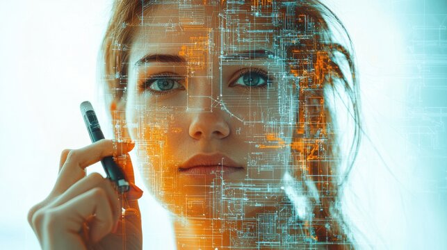 Portrait of a woman with digital interface overlay, holding a smartphone, symbolizing technology and innovation in modern life.