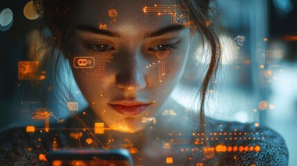 Young woman with augmented reality interface, visually exploring futuristic technology through a smartphone with digital overlay