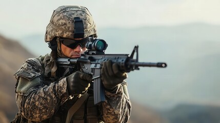 Fototapeta premium A soldier in full desert camouflage, rifle ready, scanning the horizon with a focused expression, military readiness, preparedness in extreme environments