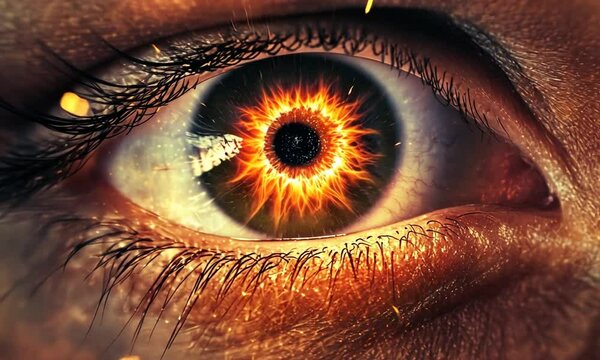 Close-up of an eye with a burning sun-like reflection