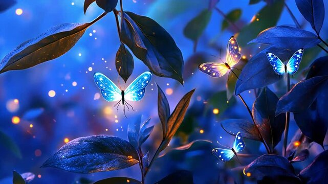 Blue butterflies flit among dark leaves in a magical, glowing night scene.