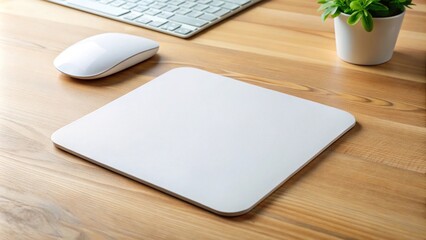 White mouse pad mockup with a tilted angle on a table with various props