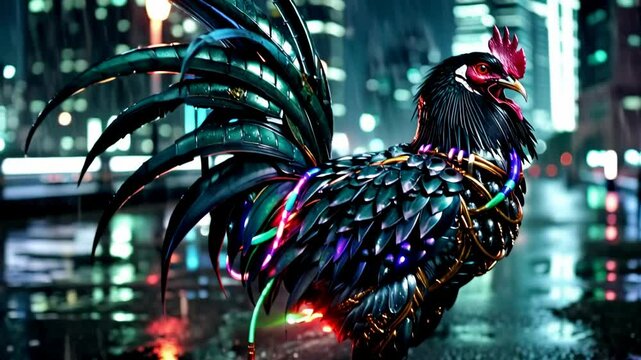 macro shot of a cybernetic combat rooster