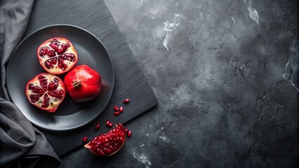 Fototapeta premium Aromatic Pomegranate Halves and Whole Fruit on a Black Plate with Scattered Seeds Against a Dark Textured Background