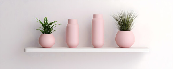 Minimalist shelf featuring pink vases and small plants, adding a touch of elegance to a modern interior design.
