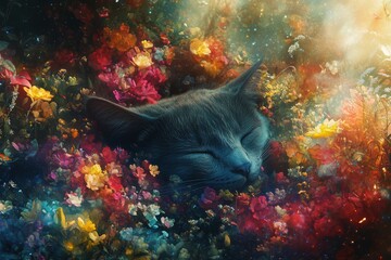 Cat peacefully sleeping in a vibrant flower filled meadow with abstract swirls of colorful light evoking serenity beauty and a dreamlike magical atmosphere