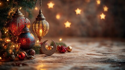 Fototapeta premium Festive decorations with lanterns and stars for a cozy atmosphere.