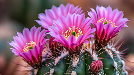 Obraz premium A close-up of a cactus with vibrant pink flowers blooming on top, showing the intricate details of the petals and the sharp spines below.