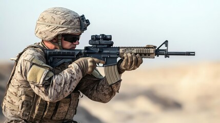 Fototapeta premium Desert-camouflaged soldier with rifle, focused and ready, standing firm in the harsh desert conditions, combat preparation, symbol of determination and readiness