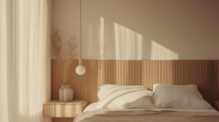 A cozy bedroom filled with soft morning light, showcasing wooden decor, neutral tones, and a comfortable bed set for relaxation