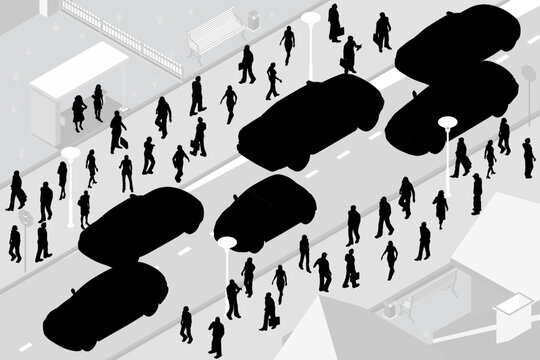 Silhouette People going, rushing on different businesses, hurrying to work, office. Morning city life concept. Rush hour, busy urban street traffic with pedestrians and cars, panorama. Flat vector ill
