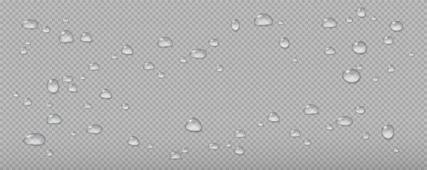 Realistic vector water drops png on a transparent light background. Water condensation on the surface with light reflection and realistic shadow. 3d vector illustration