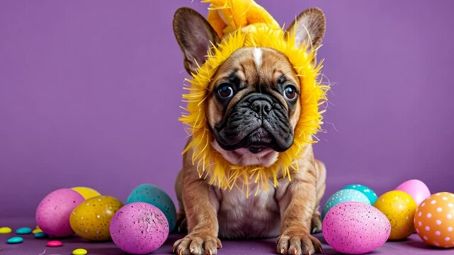 A French bulldog wearing a yellow Easter hat sits in front of colorful Easter eggs