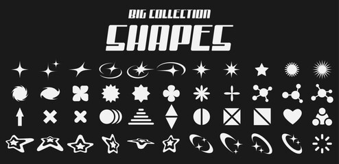 Big collection abstact shapes elements. Retro futuristic Y2k elements for design. Templates for notes, posters, banners, stickers, business cards, logo