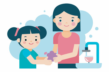 Illustration shows adult and child at sink, both with soapy hands. Adult smiles at child while cup sits nearby. Theme centers on handwashing importance.