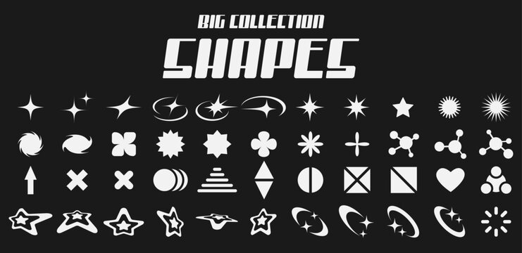 Big collection abstact shapes elements. Retro futuristic Y2k elements for design. Templates for notes, posters, banners, stickers, business cards, logo