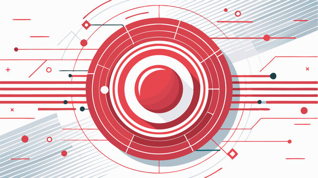 Abstract red and white digital design with circular motif, concentric circles, and futuristic elements. Modern science and technology theme with gray backdrop and symbolic annotations.