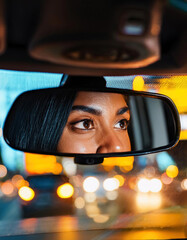 Woman's eyes reflected through a rear view mirror in a car at night