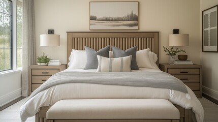 This rustic bedroom features warm wood textures, fluted headboard details, and soft linen bedding for a tranquil atmosphere