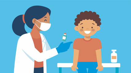 A cartoon-style image shows a boy getting a vaccine from a female doctor in a medical setting. The atmosphere is calm and professional with a clock on the wall.