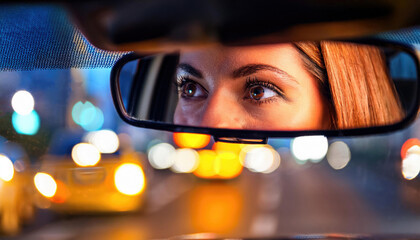 Woman's eyes reflected through a rear view mirror in a car at night