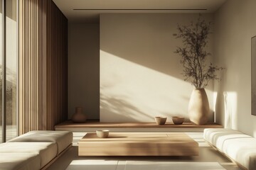 The Japandi living room features minimalist wood furniture and elegant ceramic vases against soft ribbed wall panels