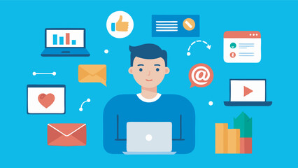 A focused man with short hair sits at a laptop surrounded by online activity icons. Blue background creates a productive vibe