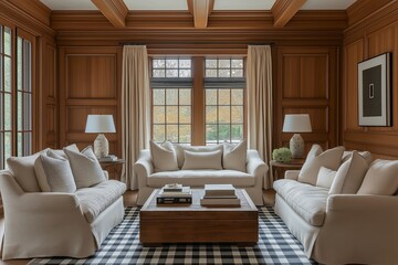 Fototapeta premium This living room features fluted wood walls, linen seating, and a checkerboard rug for stylish comfort and relaxation