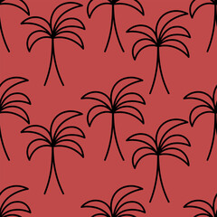 Palm tree. Sketch. Seamless vector pattern. Outline on isolated red background. Doodle style. Repeating ornament of tropical trees. Exotic plant with mighty trunk and large leaves. Idea for web design