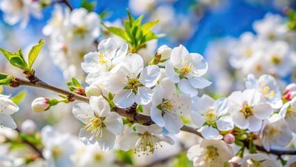 Obraz premium White petals of Nanking cherry Prunus tomentosa with green leaves from a tilted angle