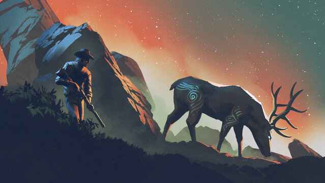 Fototapeta Hunter Stalking Glowing Mythical Stag in Mountain Landscape