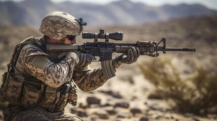 Fototapeta premium Desert-camouflaged soldier with rifle, focused and ready, standing firm in the harsh desert conditions, combat preparation, symbol of determination and readiness