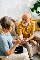 A devoted wife assists her husband with diabetes care in their cozy living room.