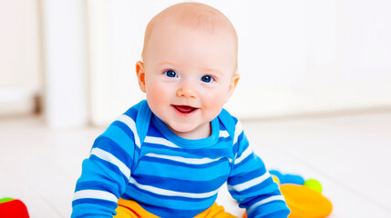 Smiling baby sitting on floor, playing happily in bright home environment. Early childhood development, joy, and playtime for family care, learning, and nurturing growth in a safe and cheerful setting