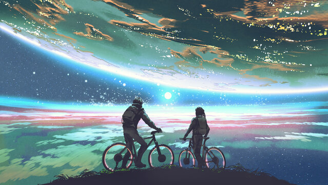 Fototapeta Couple Cycling Under Planetary Sky