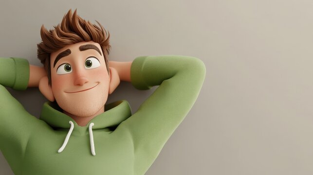3D character close up portrait of a relaxed white man in a green hoodie, leaning back with hands behind his head, on a soft gray gradient backdrop, copy space, cartoon style, in the style of 3D design