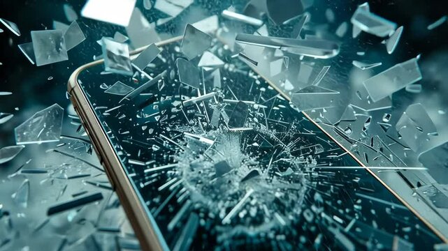 A smartphone with a shattered screen lies amidst a sea of broken glass
