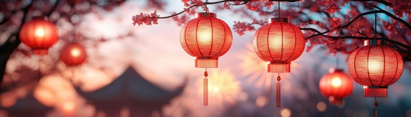 Obraz premium Serene image of a Chinese garden with red lanterns hanging from trees, fireworks in the distance, Chinese New Year celebration, spring, renewal, tradition