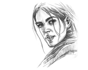 sketch of a woman portrait pencil drawing for card decoration illustration