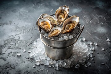 Minimalist oysters on crushed ice in metal bucket
