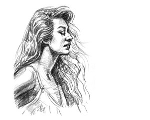 woman with long hair pencil drawing for illustration card decoration