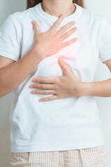 Gastroesophageal Reflux Disease or GERD, Acid reflux disease, Gastro Oesophageal or GORD and Dyspepsia concept. woman having Stomach ache and Esophageal pain due to Digestion system problem