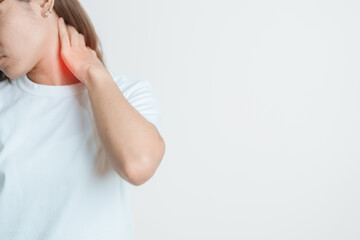 Woman having Neck and Shoulder pain at home. Muscle painful due to Myofascial pain syndrome and Fibromyalgia, rheumatism, Scapular pain, Cervical Spine. ergonomic concept