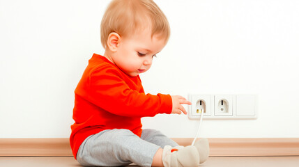 Curious baby reaching for electrical outlet on wall, exploring dangerous surroundings at home. Child safety, risk prevention, and parental awareness for early childhood development and home care
