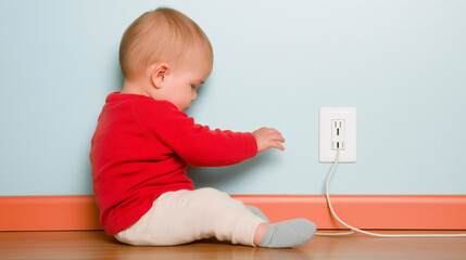 Curious baby reaching for electrical outlet on wall, exploring dangerous surroundings at home. Child safety, risk prevention, and parental awareness for early childhood development and home care