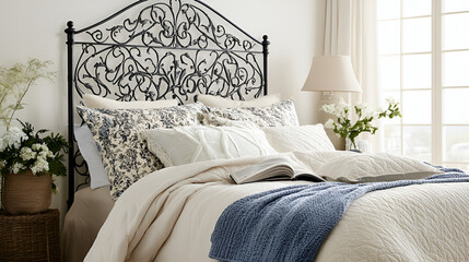 Bedroom interior details, bedside of forged black steel bed with pillows, Large double wrought iron bed, Bed is covered with white linens, Metal Bed on white background