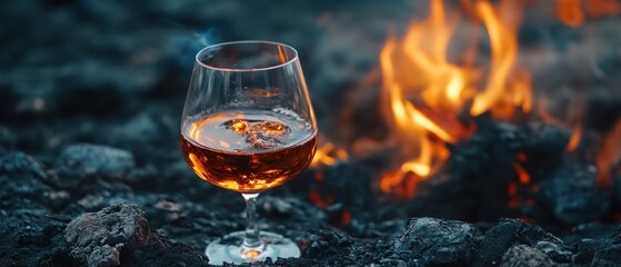 Snifter of brandy on a burning charcoal. Concept of hard alcoholic drinks