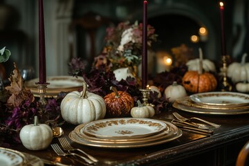 Naklejka premium autumnal table dcor, a fall-inspired dining table adorned with gold-rimmed plates, miniature gourds, and rich burgundy candles exudes autumnal grace