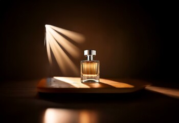 Fototapeta premium A glass bottle of perfume with a silver cap stands on a wooden surface. A beam of light casts shadows on the surrounding area.