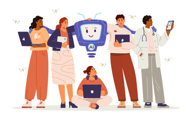 Multiracial group of different professionals interacting with artificial intelligence concept. Men and women using AI flat vector illustration isolated on white.